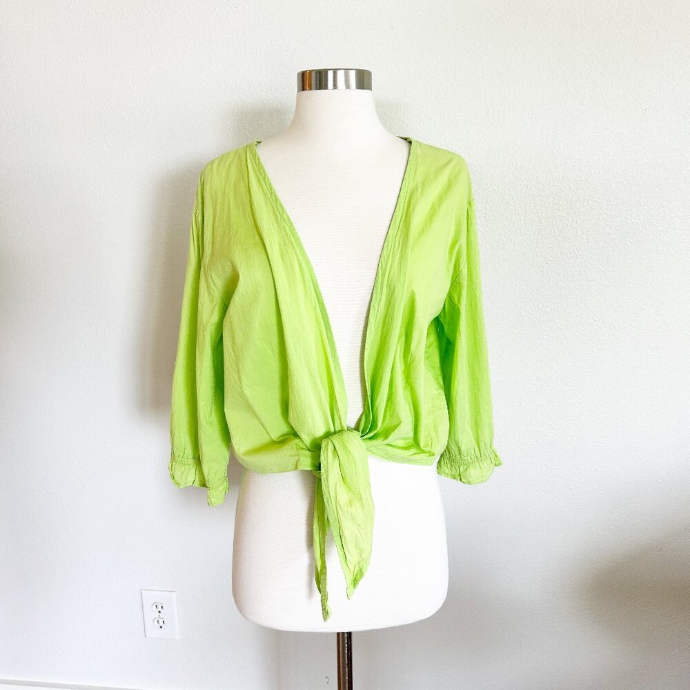 Vintage Phool Topper M Lime Green Tie Front 3/4 Sleeve Crop Coverup